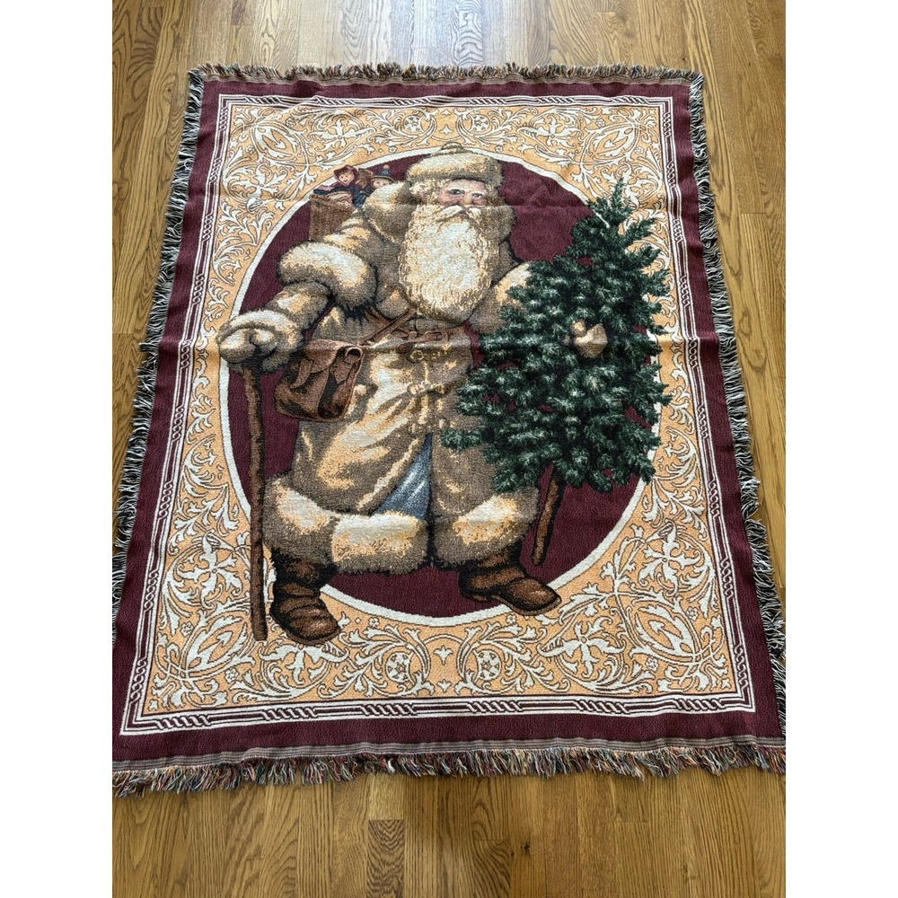 Vtg Old World Santa Claus Christmas Tapestry Throw Blanket 63x48 Woven 90s